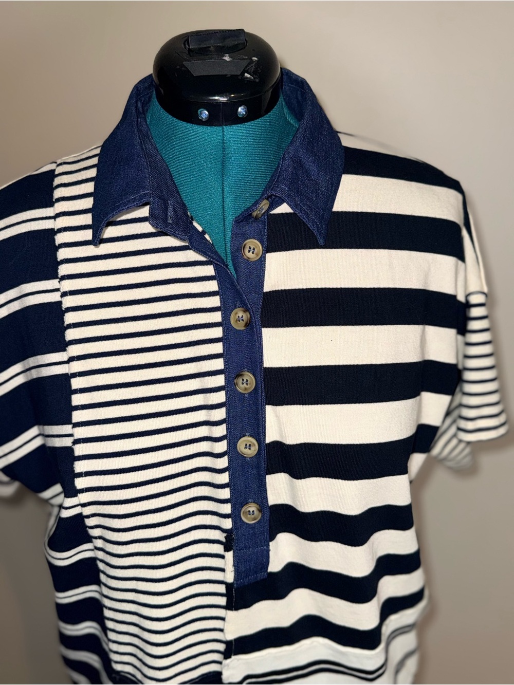 Sky to Moon dark navy Stripe Half Placket Polo T-Shirt Dress size Small - Picture 5 of 12